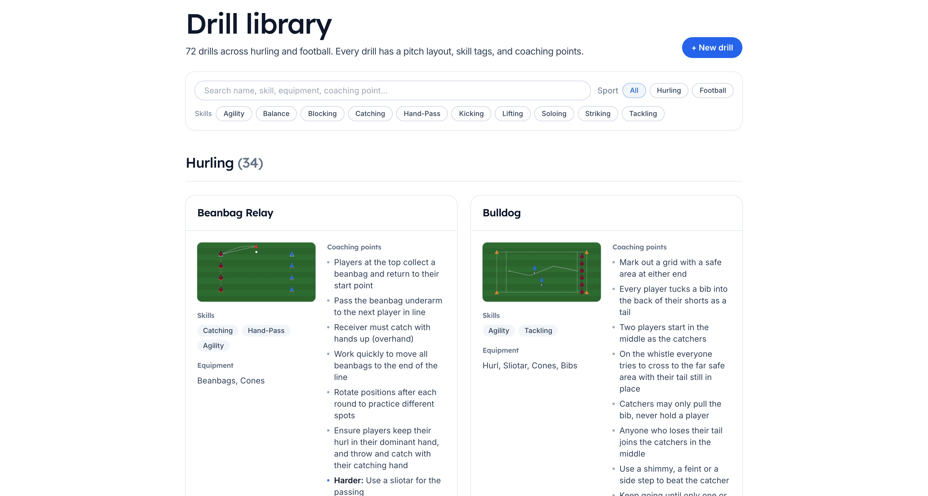 Drill library with search, sport and skill filters and drill cards with pitch diagrams
