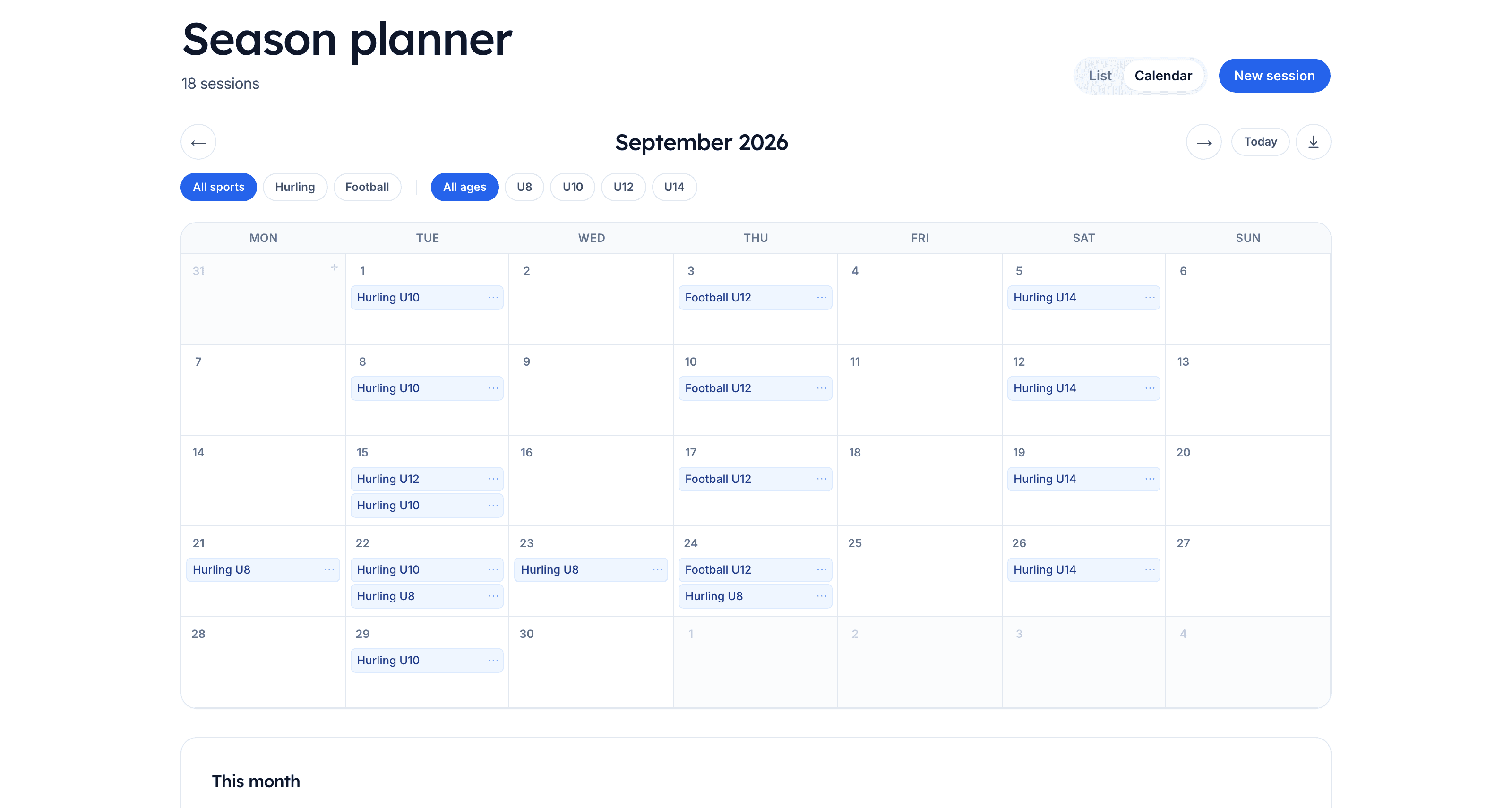 Season planner calendar with a month of training sessions